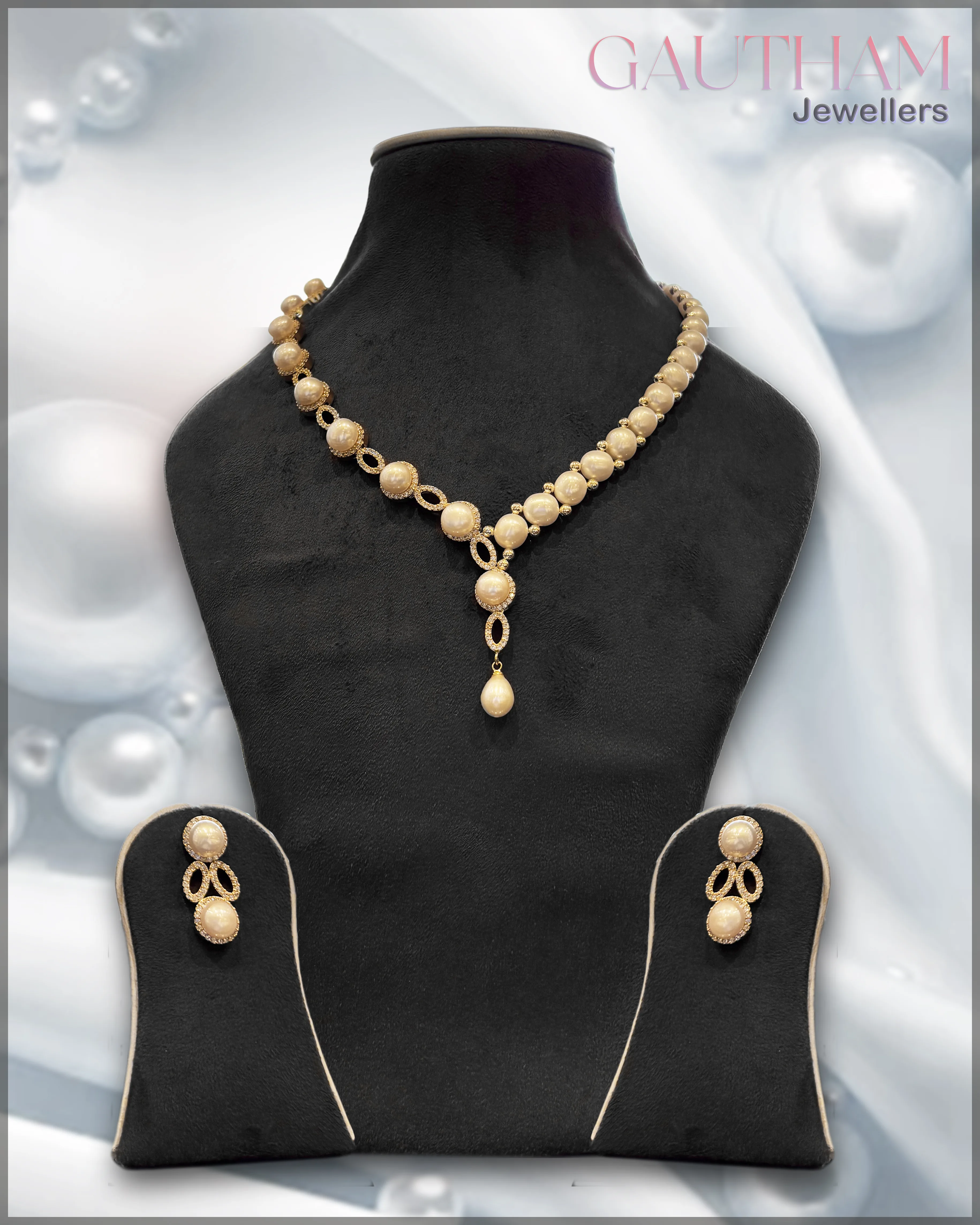 Golden pearl necklace set with drop pendant and matching earrings