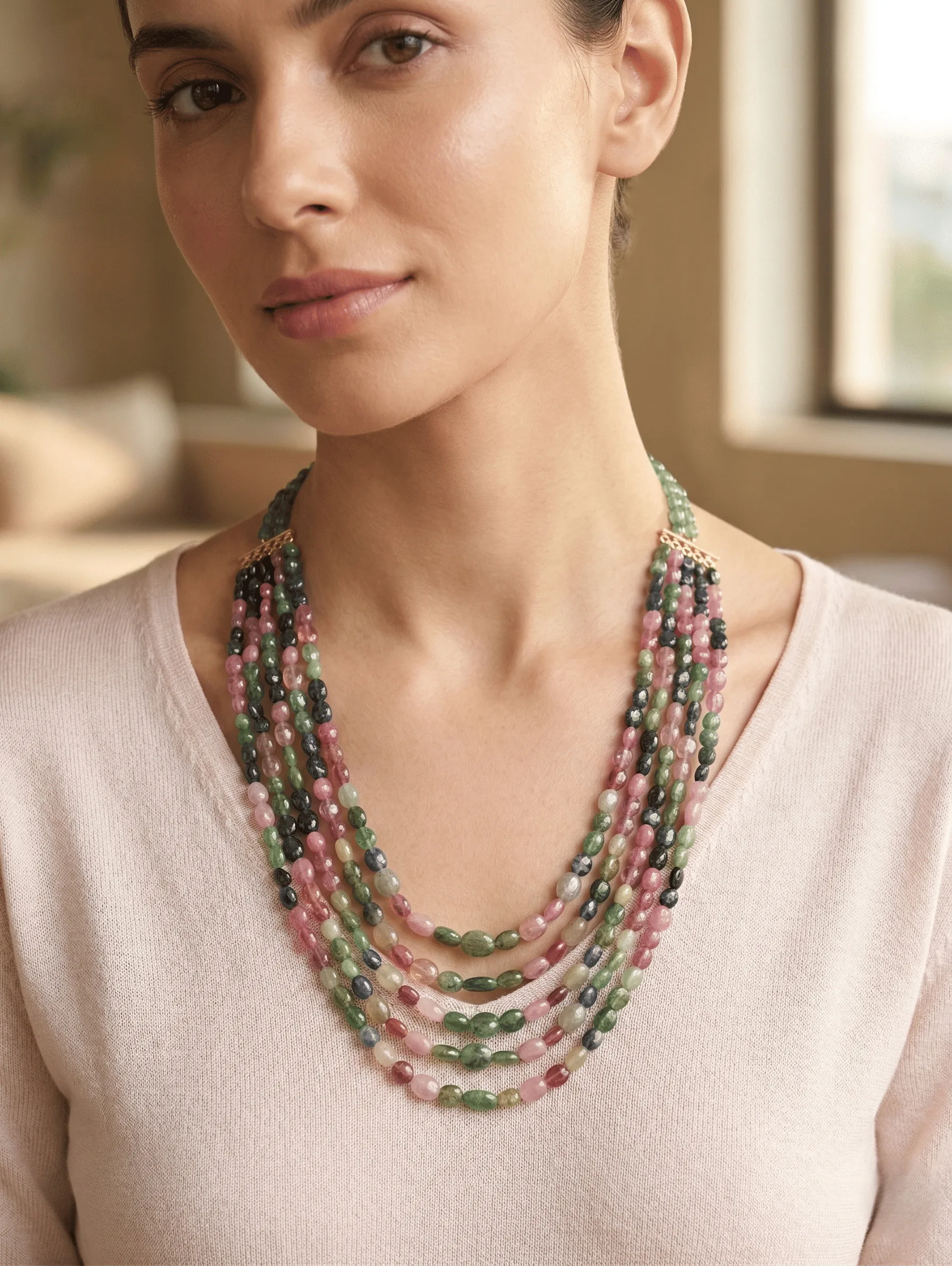 Elegant Multi-Layer Gemstone Mala Necklace in Green & Pink Beads