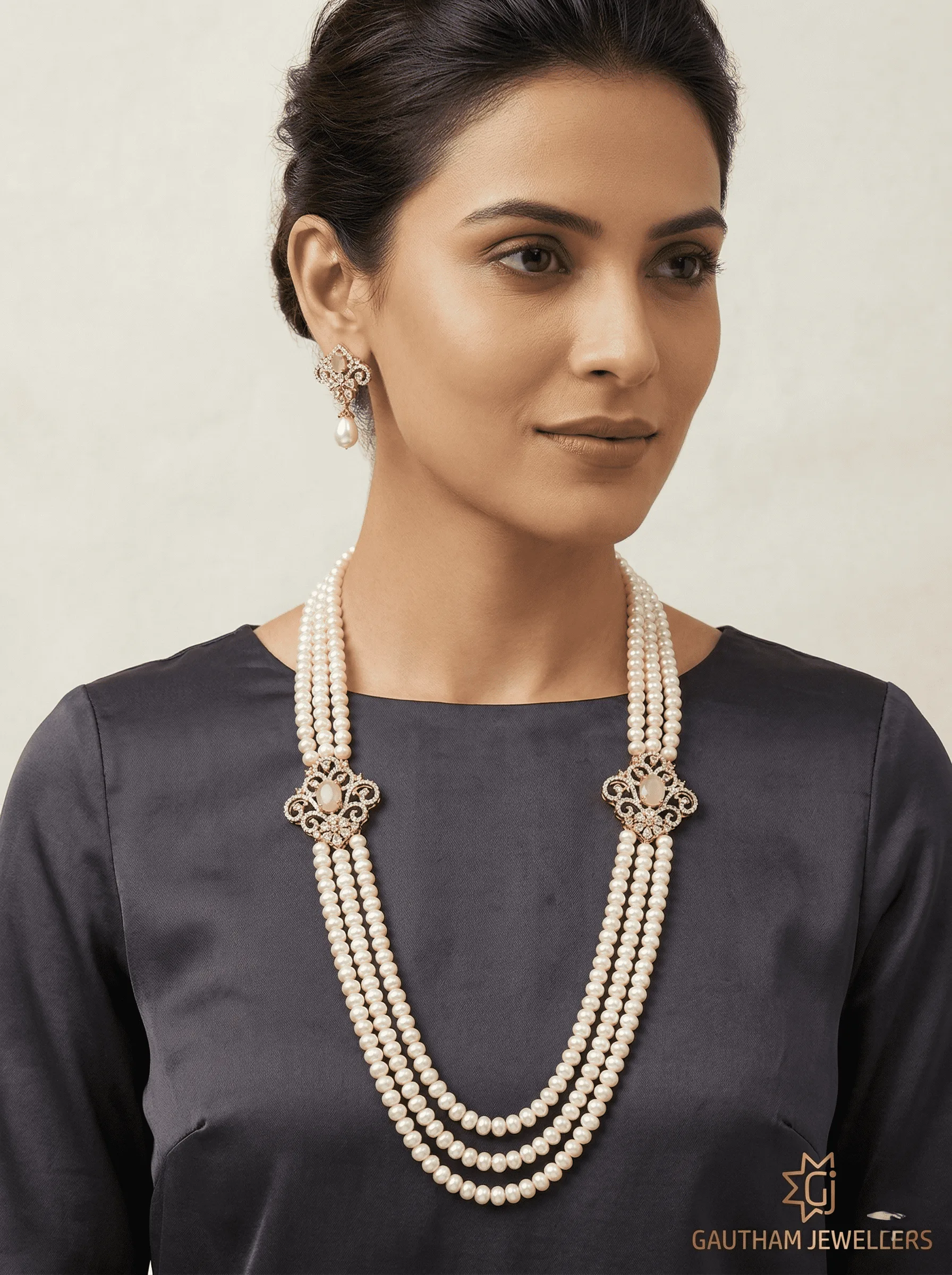 Elegant Multi-Layer Pearl Long Necklace Set with Designer Connectors