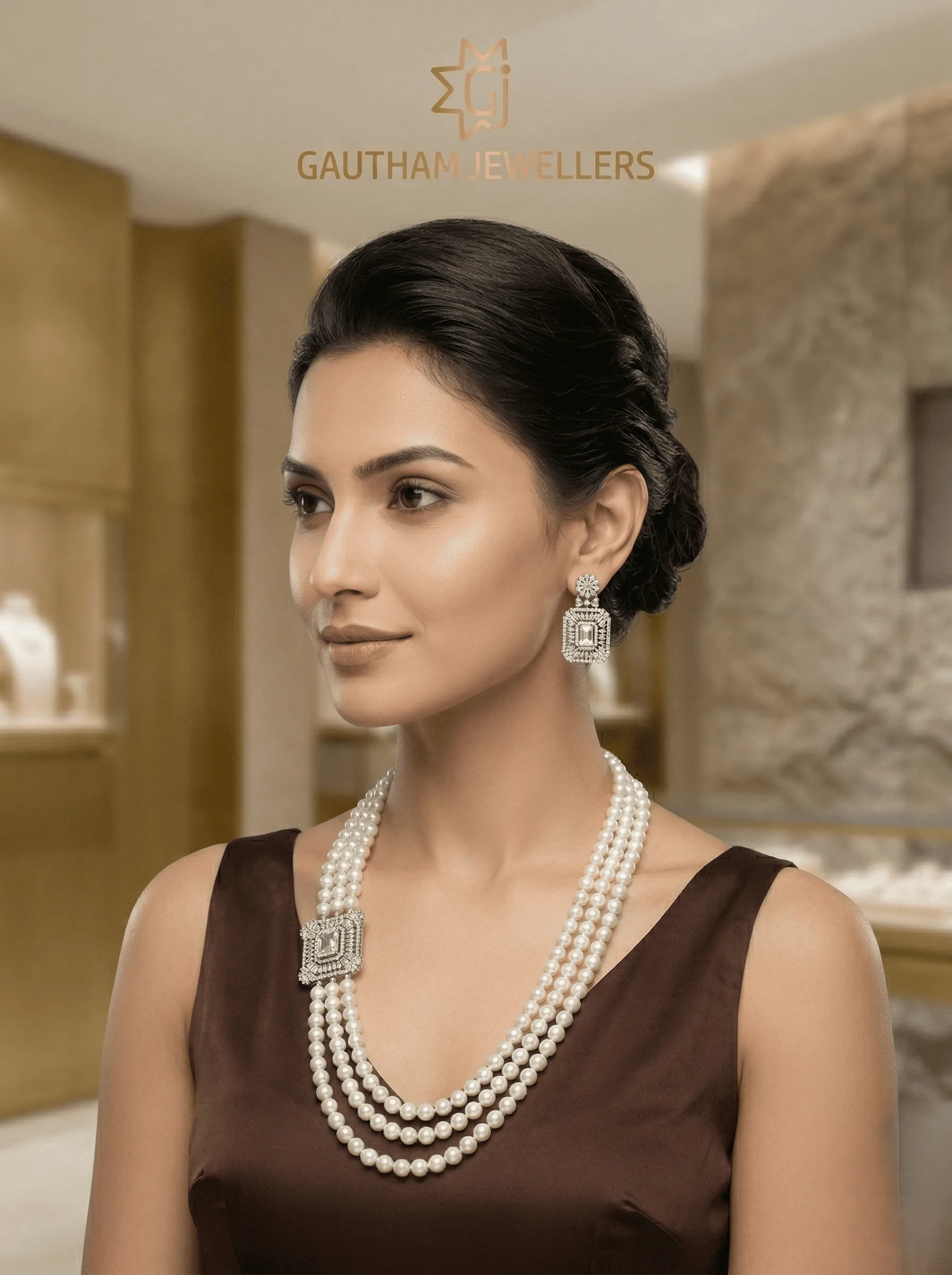 Elegant Multi-Layer Pearl Necklace Set with Designer Pendant & Earrings