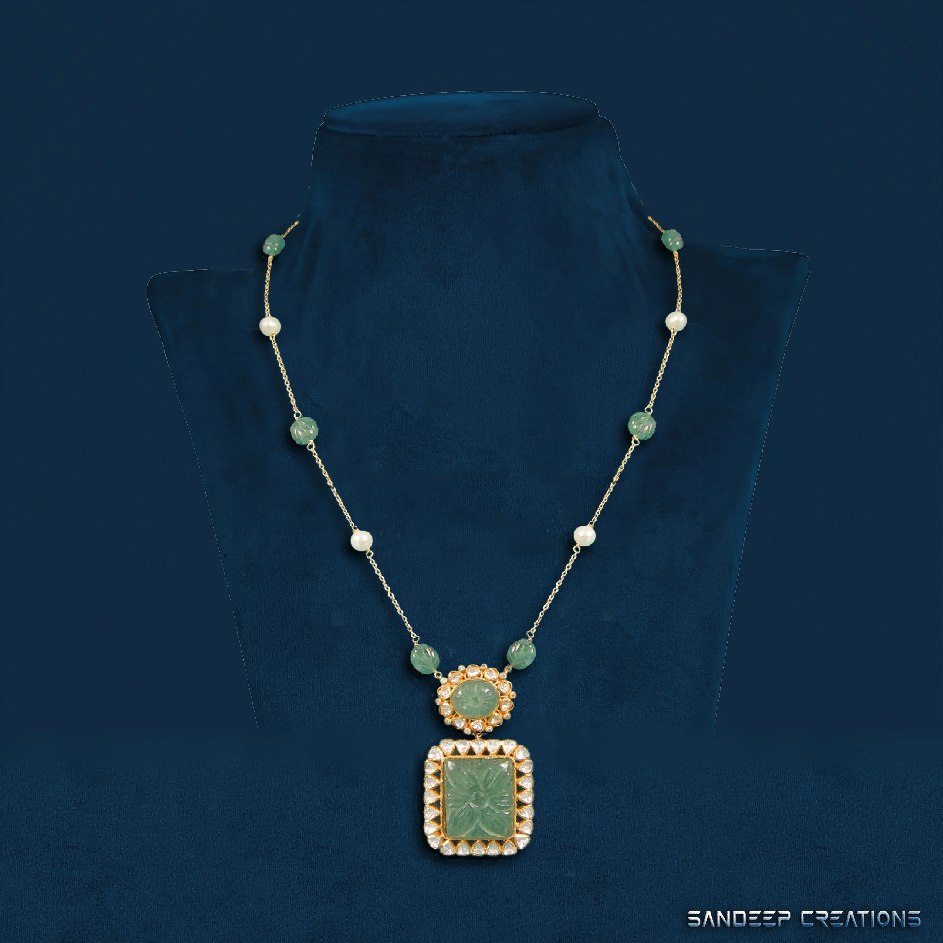 Elegant Green Pendant Necklace with Pearl and Gemstone Accents | Sandeep Creations