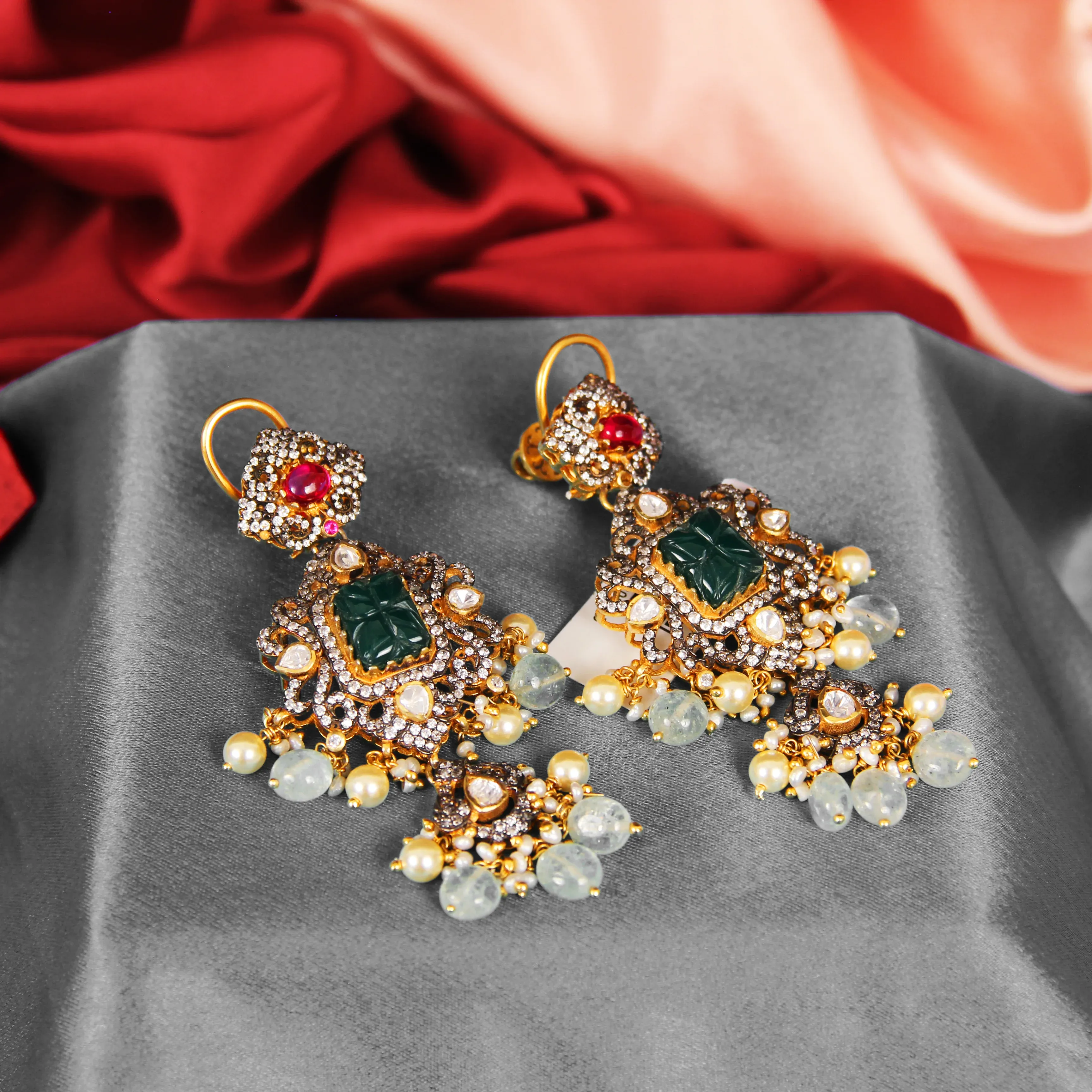 Emerald Green Stone Chandelier Earrings