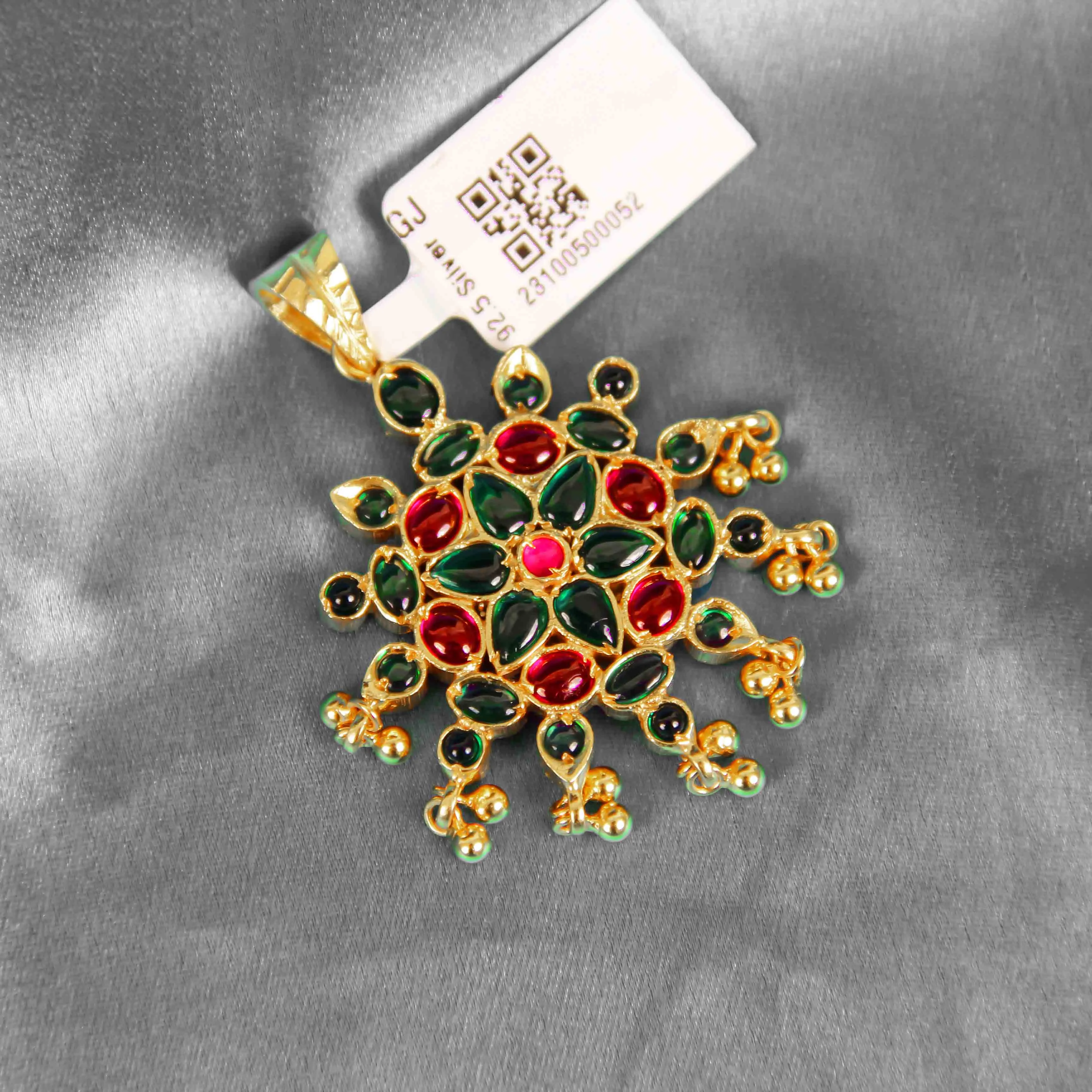 92.5 Silver Kundan Floral Pendant with Red & Green Stones | Ethnic Jewelry