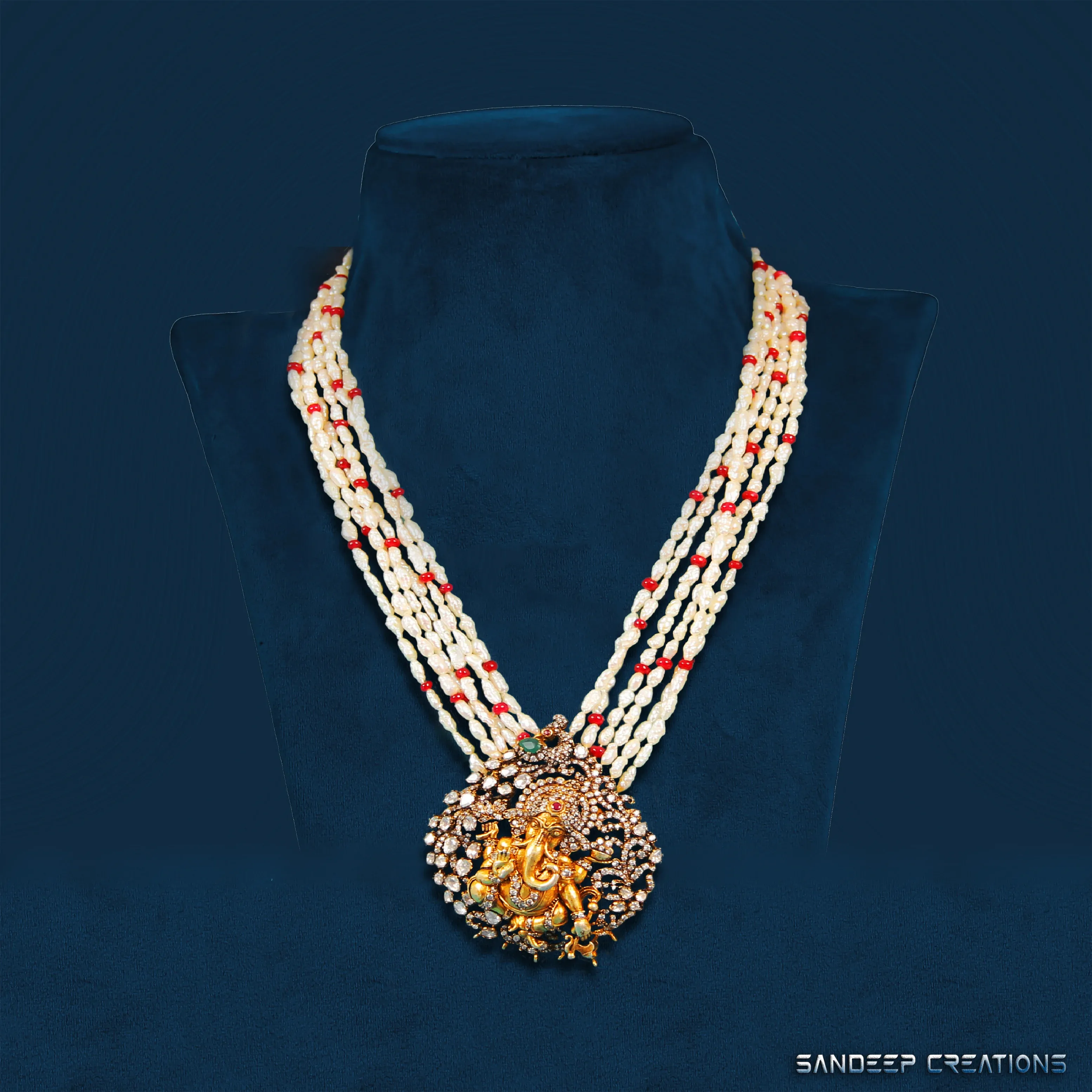 Ganesh Pendant Necklace with Pearl and Red Beads | Sandeep Creations