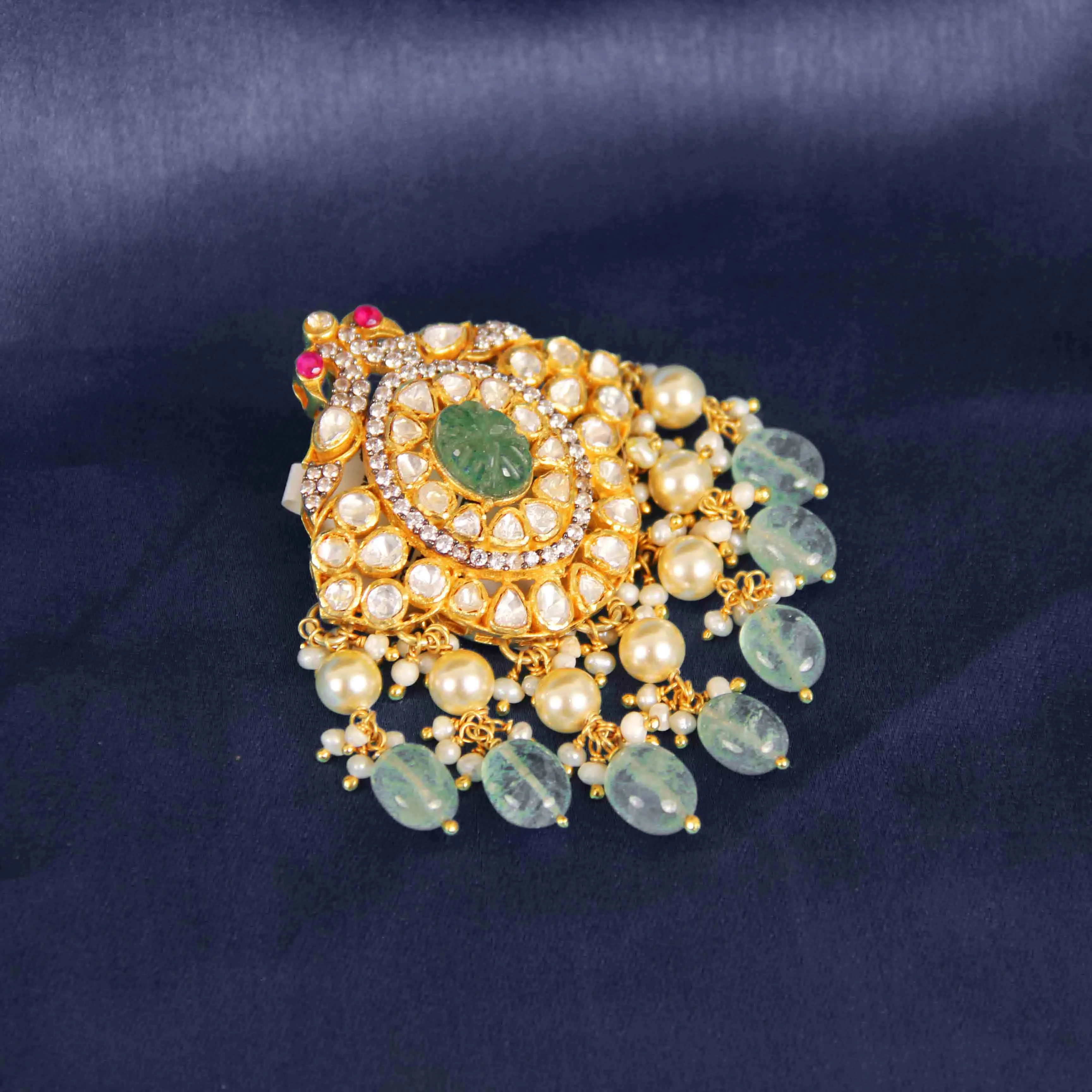 Luxury Polki Kundan Pendant with Emerald Drops | 92.5 Silver Bridal Jewelry