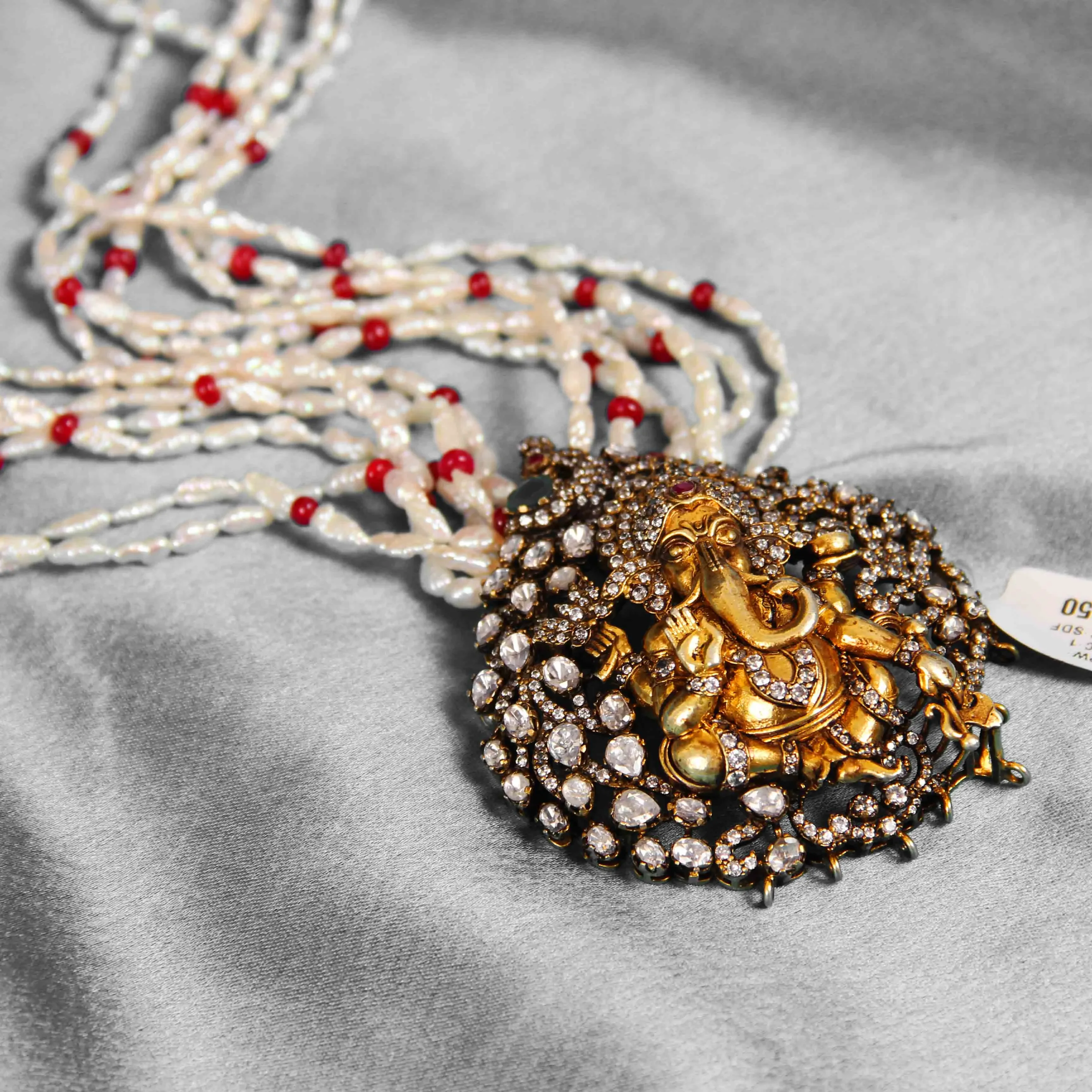 Ganesh Pendant Necklace with Pearl and Red Beads | Sandeep Creations